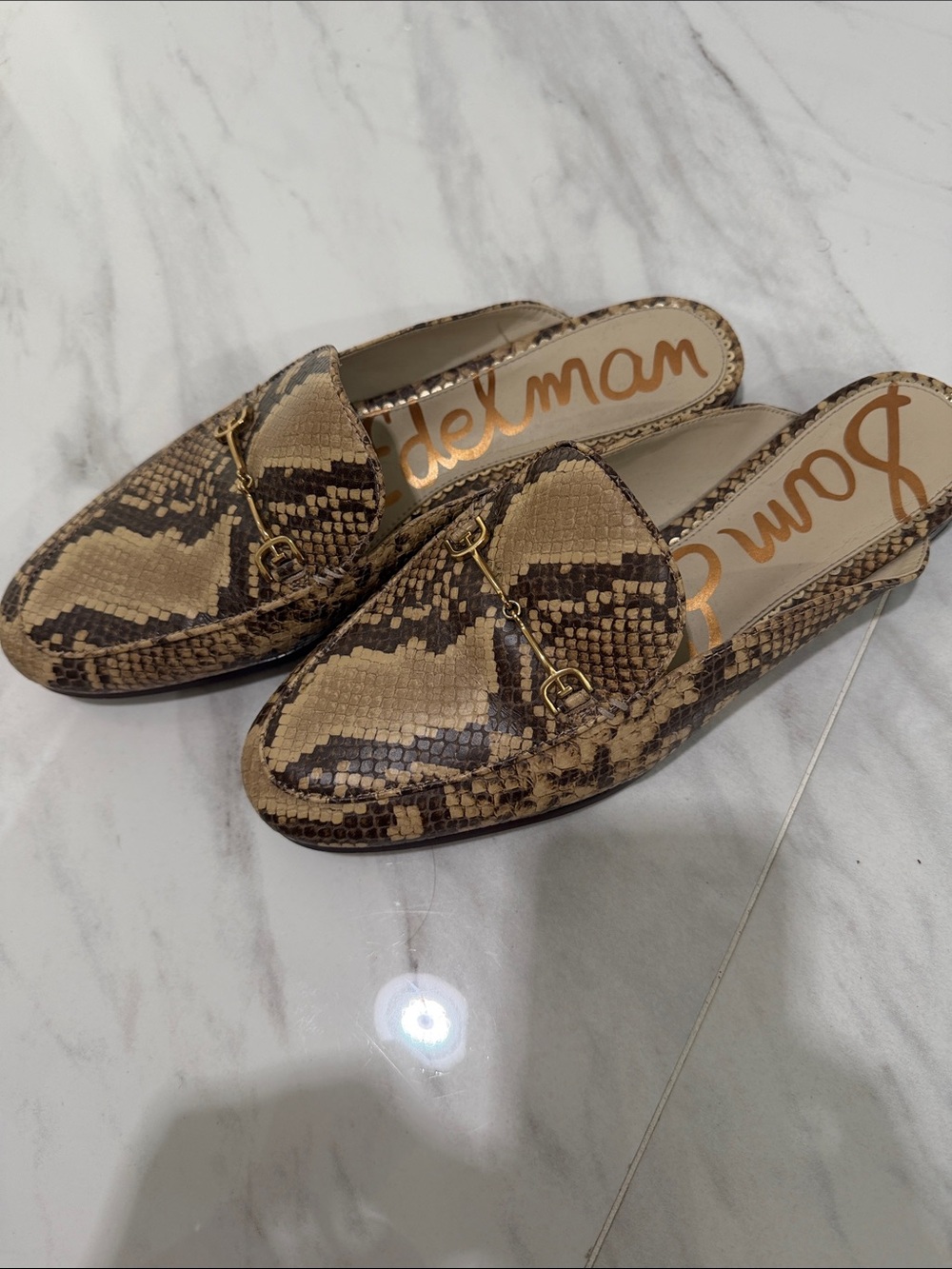 Sam Edelman Snake-Print Slip-On Mule in Brown and Tan